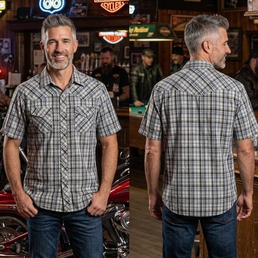 Wrangler Plaid Pearl Snap Short Sleeve Western Shirt Mens XL 50 Blue Gray White
